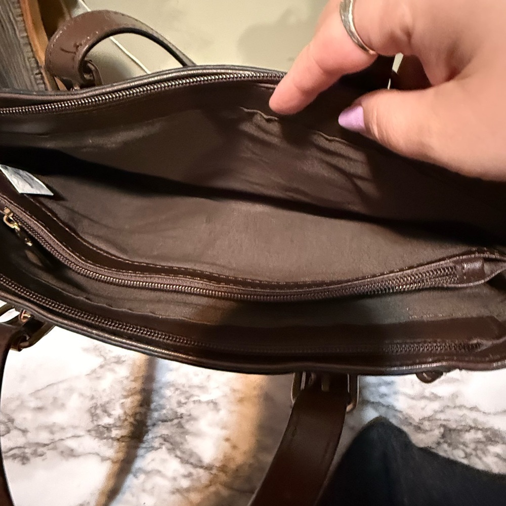 Gray and Brown Satchel with Structured Design and Leather Handles - Picture 8 of 9